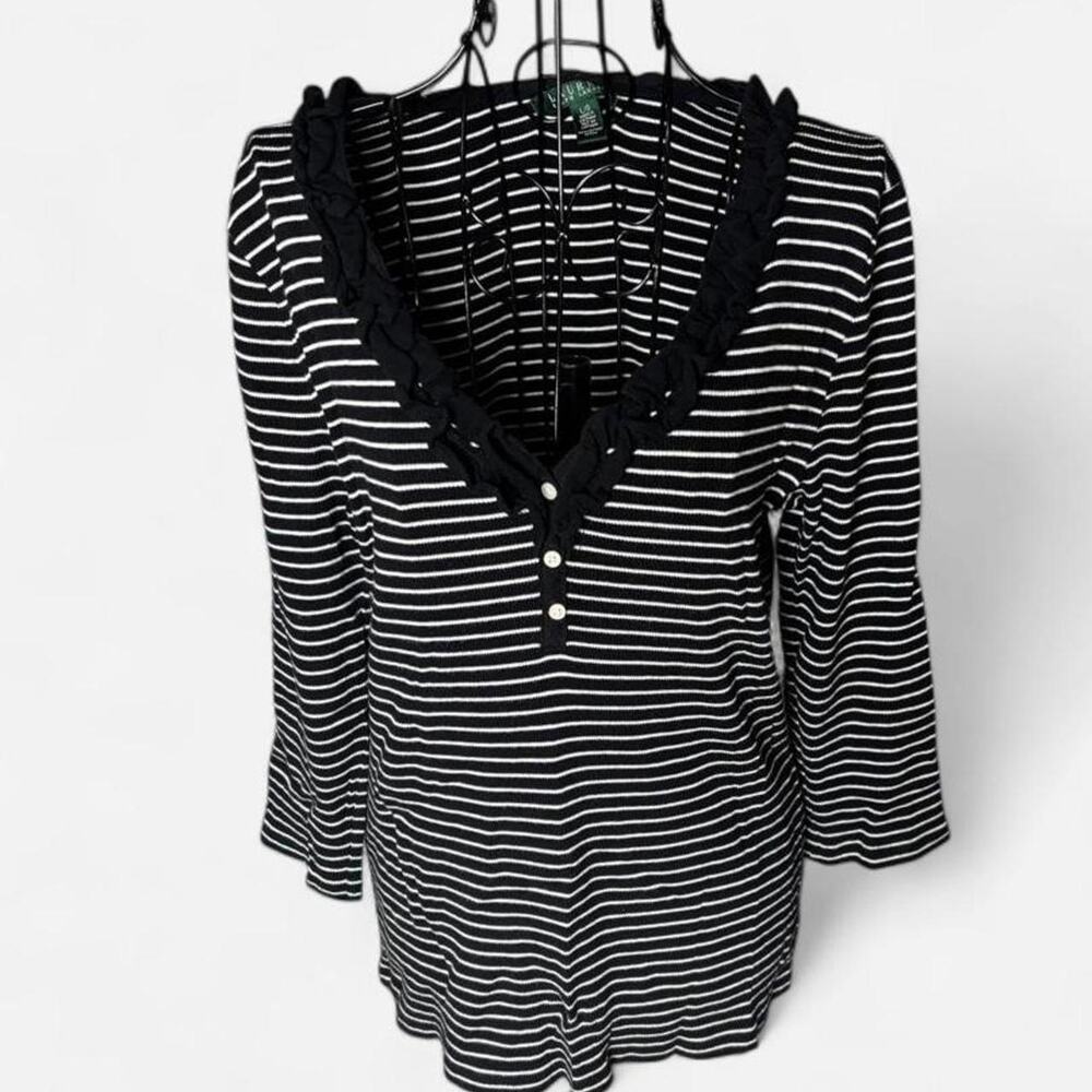Lauren Ralph Lauren Striped Ruffle Henley Top 100% Cotton Black White Women's L